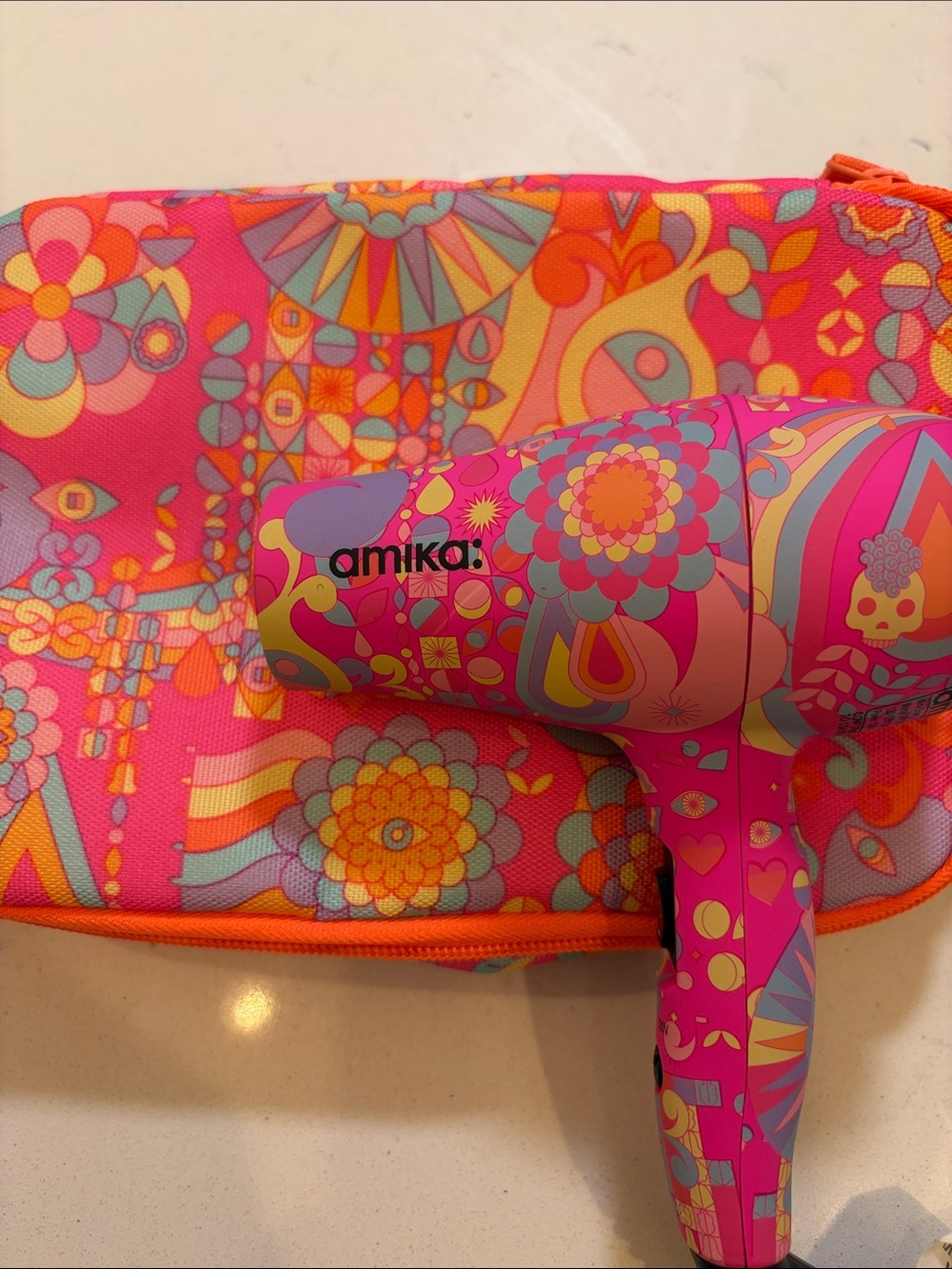 amika Pink Multi-Patterned Travel Hair Dryer with Matching Pouch